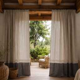 Handmade Hemp Cotton Curtains, Rustic Beige Boho Farmhouse Drapes - thumbnail 2