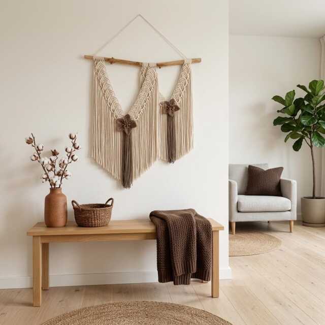 Macrame Wall Hanging With Wooden Branch - Handwoven Boho Fiber Art, Earthy Tones - image 1