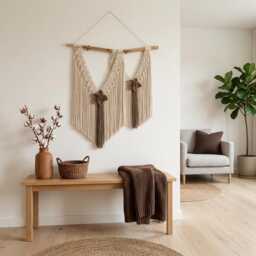 Macrame Wall Hanging With Wooden Branch - Handwoven Boho Fiber Art, Earthy Tones - thumbnail 1