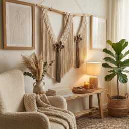 Macrame Wall Hanging With Wooden Branch - Handwoven Boho Fiber Art, Earthy Tones - thumbnail 2