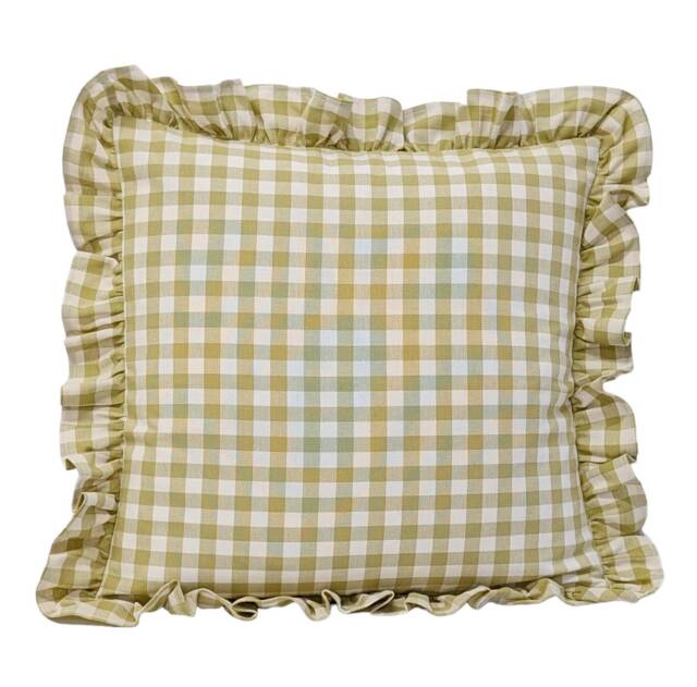 Olive Green & Ivory Gingham Cushion With Matching Ruffle - image 1