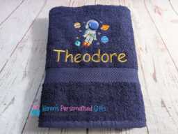 Personalised Kids Bath Towel, Navy Astronaut Children's Space Swim Embroidered - Choice Of Colours - thumbnail 1