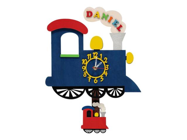 Blue Train Personalised Wooden Pendulum Children's Wall Clock - image 1