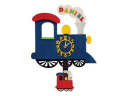 Blue Train Personalised Wooden Pendulum Children's Wall Clock