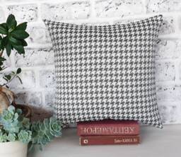 Houndstooth Pillow Cover Faux Leather Accent, Poly Linen - thumbnail 1
