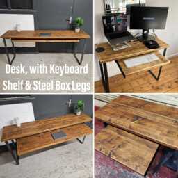 Rustic Desk, With Retractable Keyboard Shelf & Industrial Steel Legs - Reclaimed Wood Table Workspace Furniture Style Desk