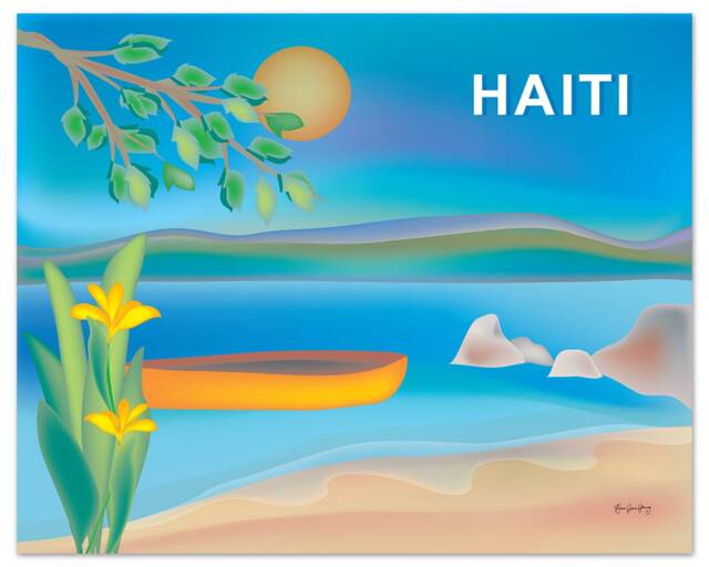 Haiti Art, Map, Travel Art Print, Retro Caribbean Poster, Beach Skyline, Haitian Island Loose Petals - Style E8-O-Hai - image 1