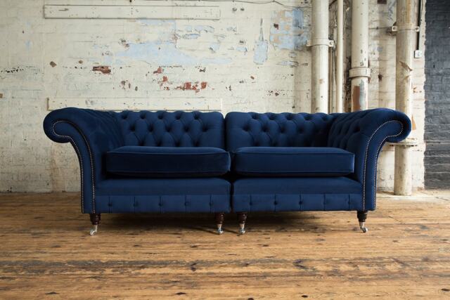 British Handmade 3 Seater Navy Blue Velvet Chesterfield Sofa - Split Design - image 1