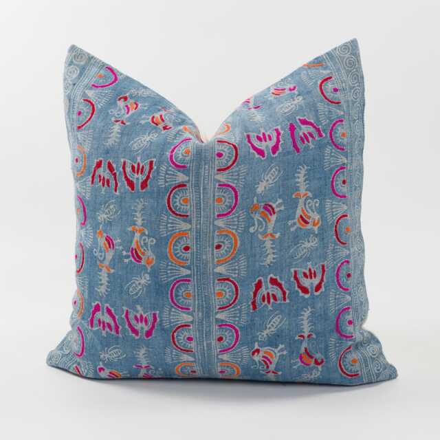 Vintage Indigo Hemp Pillow Cover, Embroidered Tribal Cushion, 20x20 - image 1