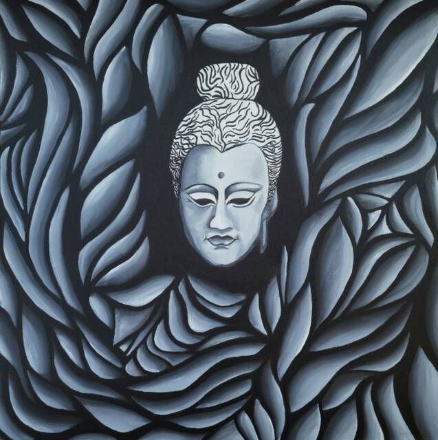 Original Buddha Painting Abstract Black & White Acrylic Canvas Art - image 1