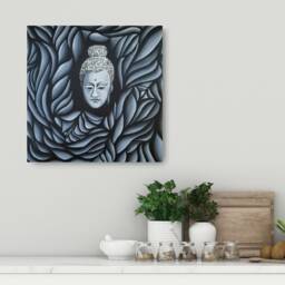 Original Buddha Painting Abstract Black & White Acrylic Canvas Art - thumbnail 2