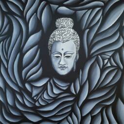Original Buddha Painting Abstract Black & White Acrylic Canvas Art - thumbnail 1