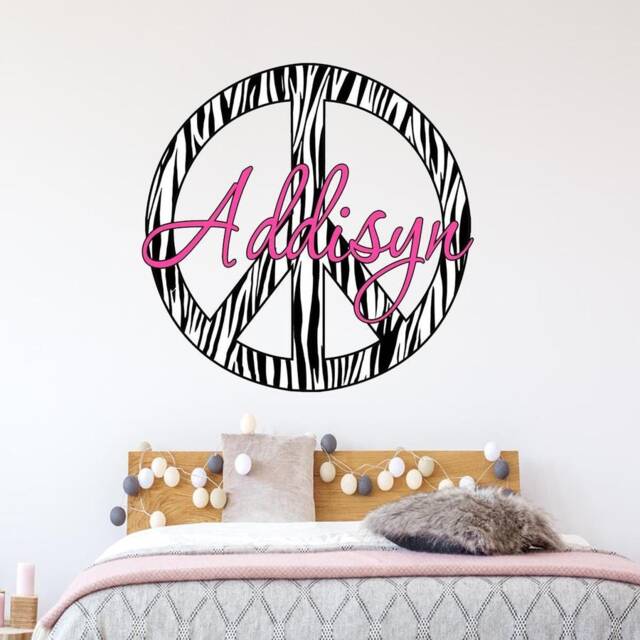 Custom Name Decal - Zebra Print Peace Sign Graphics Insert Personalized Girls Room Wall Decor Vwaq-Pc10