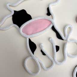 Farm Animal Nursery Wall Decor - Cow & Sheep Yarn Art Neutral Baby Room Handmade Sign Theme - thumbnail 2