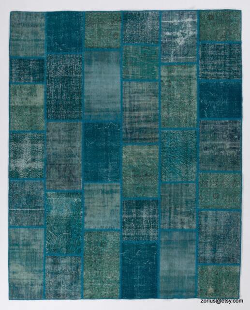 Handmade Turkish Patchwork Rug, Turquoise Blue - image 1