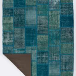 Handmade Turkish Patchwork Rug, Turquoise Blue - thumbnail 2