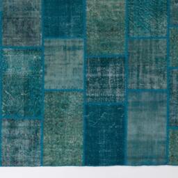 Handmade Turkish Patchwork Rug, Turquoise Blue - thumbnail 3