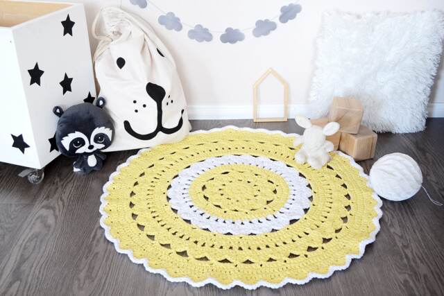 Handmade Crochet Round Rug - White Yellow Nursery Play Mat Baby Room Floor Decor - image 1