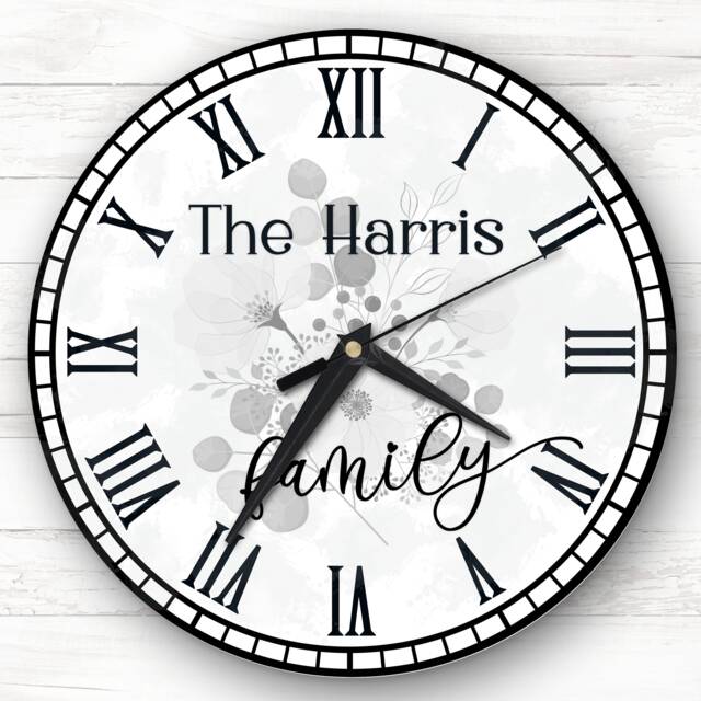 Grey Floral Chic Family Name Personalised Gift Clock - image 1