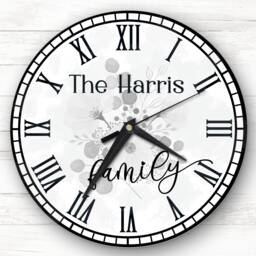 Grey Floral Chic Family Name Personalised Gift Clock - thumbnail 1
