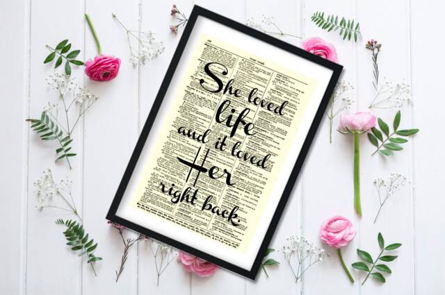 Antique Dictionary Art Print, She Loved Life Quote, Inspirational Wall Decor - image 1