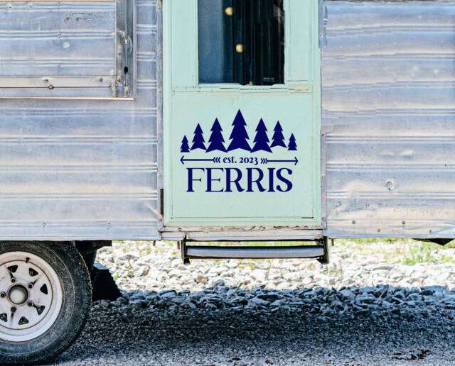 Custom Camper Vinyl Decal, Pine Tree Decal Monogram, Personalized Gift, Rv Motorhome Decal, Family Name Wall Camping Decor - image 1