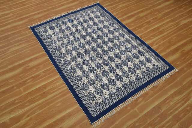 Blue Beige Hand Block Print Cotton Kilim Rug, Boho Flatweave Dhurrie, Washable Home Decor - image 1