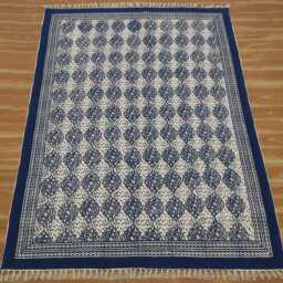 Blue Beige Hand Block Print Cotton Kilim Rug, Boho Flatweave Dhurrie, Washable Home Decor - thumbnail 3