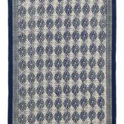 Blue Beige Hand Block Print Cotton Kilim Rug, Boho Flatweave Dhurrie, Washable Home Decor - thumbnail 2
