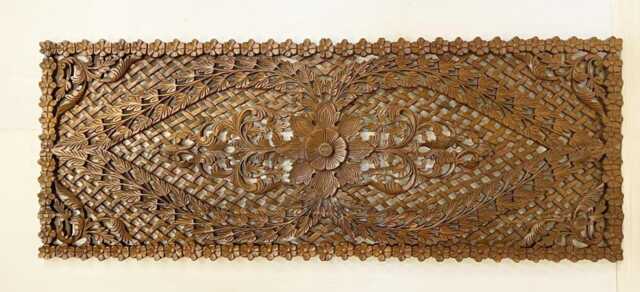 Brown Large Teak Wood Wall Art King Size Bed Sculpture Bohemian Headboard Decorative Flower Mandala Wooden Hand Carved Panel Decor 71 - image 1