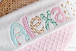 Monogrammed Baby Blanket in Dawn, Metallic Gold, Pink, & Aqua Blue Accents With White Chenille Soft Minky, Personalized For Girl