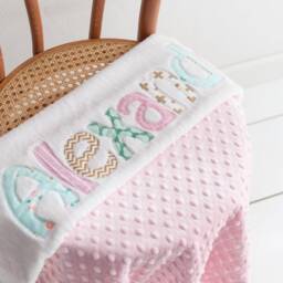 Monogrammed Baby Blanket in Dawn, Metallic Gold, Pink, & Aqua Blue Accents With White Chenille Soft Minky, Personalized For Girl - thumbnail 3