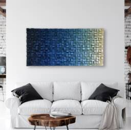 Blue Wood Wall Art - Living Room Decor Wooden Mosaic Sound Diffuser - thumbnail 1
