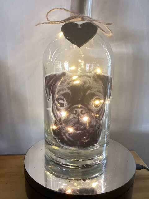 Personalised Black Pug Light Up Bottle, Bottle Lamp With Gift Messaging Service & Bag