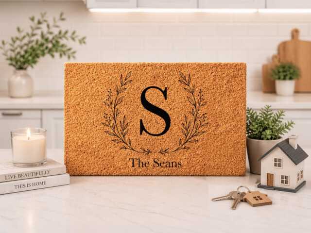 Personalised Initial Doormat - Letter Laurel Wreath - Custom Monogram Coir Mat Housewarming Gift - image 1