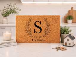 Personalised Initial Doormat - Letter Laurel Wreath - Custom Monogram Coir Mat Housewarming Gift - thumbnail 1