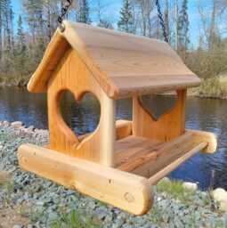 Large Hanging Heart Fly Through Platform Bird Or Squirrel Feeder Cedar Wood