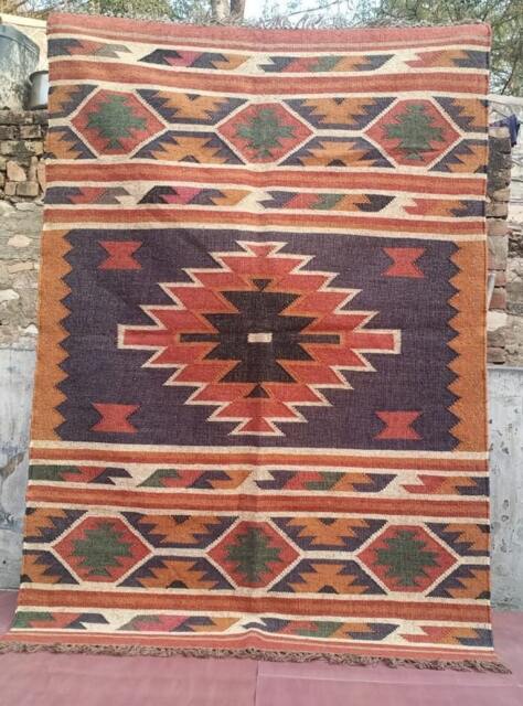 Handmade Wool Jute Kilim Rug Traditional Indian Design, Custom Size - image 1