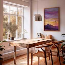 Sunset Mountain Landscape Poster, Purple & Orange Sky Wall Art, Peaceful Nature Painting For Home Decor - thumbnail 2