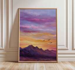 Sunset Mountain Landscape Poster, Purple & Orange Sky Wall Art, Peaceful Nature Painting For Home Decor - thumbnail 1