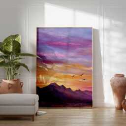 Sunset Mountain Landscape Poster, Purple & Orange Sky Wall Art, Peaceful Nature Painting For Home Decor - thumbnail 3