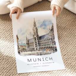 Travel Print Of Munich Germany, European City Landmark Posters, Map Coordinates, Gifts, Wall Art, Marienplatz - thumbnail 2