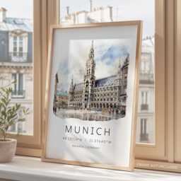 Travel Print Of Munich Germany, European City Landmark Posters, Map Coordinates, Gifts, Wall Art, Marienplatz - thumbnail 3