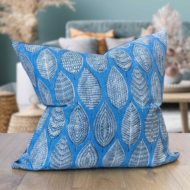 Indira Leaf Print Extra-Large Cushion. Denim Blue Indonesian Inspired Block-Print Botanical Design. Eco-Friendly Cotton. 23x23 - image 1