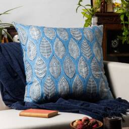 Indira Leaf Print Extra-Large Cushion. Denim Blue Indonesian Inspired Block-Print Botanical Design. Eco-Friendly Cotton. 23x23 - thumbnail 3