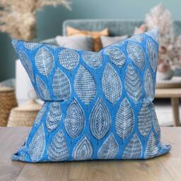 Indira Leaf Print Extra-Large Cushion. Denim Blue Indonesian Inspired Block-Print Botanical Design. Eco-Friendly Cotton. 23x23 - thumbnail 1