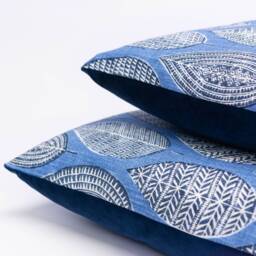 Indira Leaf Print Extra-Large Cushion. Denim Blue Indonesian Inspired Block-Print Botanical Design. Eco-Friendly Cotton. 23x23 - thumbnail 2