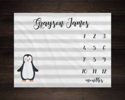 Boy Milestone Blanket Month Baby Growth Tracker Soft Fleece Shower Newborn Gift Watch Me Grow Penguin - thumbnail 1