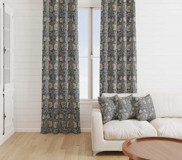 Custom Made William Morris Pimpernel Navy Blackout Lining Curtains 3 - image 1