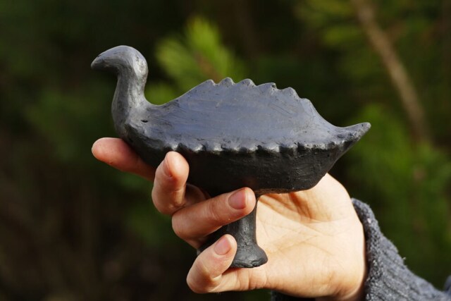 Bronze Age Bird Rattle - Handmade Archaeological Replica Ancient Ceramic Sound Instrument Black Pottery - image 1